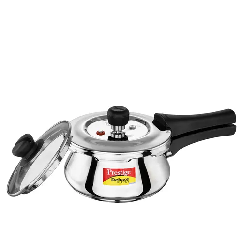  Prestige 1.5 Litre Stainless Steel Deluxe Alpha Svachh Outer Lid Pressure Cooker with Glass Lid | Handi | 10Y Warranty | Deep Lid for Spillage Control | TRIPLY Base | Gas & Induction Compatible | ISI